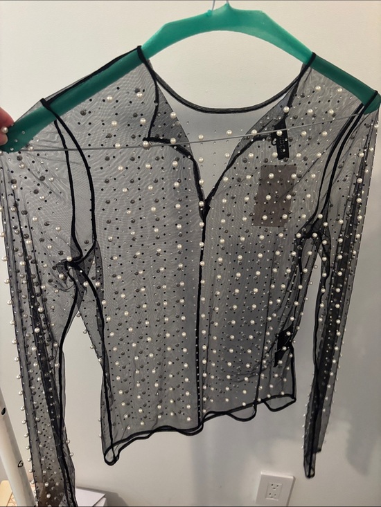 H&M Tops - H&M Black Sheer Long-Sleeve Top with Pearl Embellishments